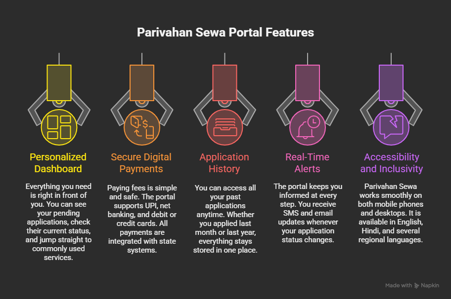 Key features of the Parivahan Sewa portal showing online services for driving licence, vehicle registration, and eChallan