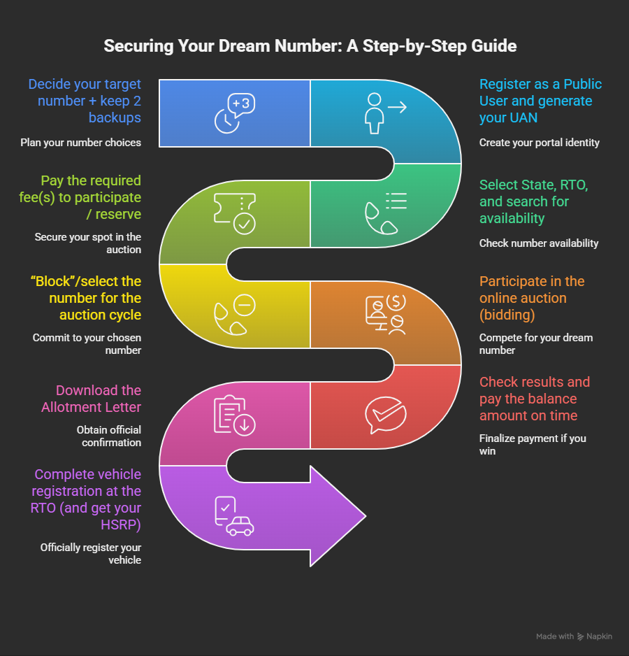 Fancy number booking portal screenshot showing the VAHAN interface
